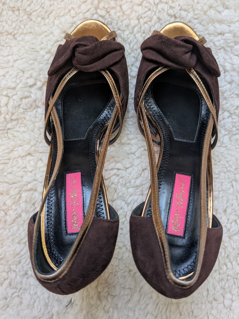 Betsey Johnson Brown Suede Open-Toe Heels with Gold Trim - Picture 2 of 6
